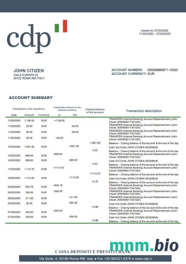 Włochy Cassa Depositi e Prestiti wyciąg bankowy łatwy do wypełnienia szablon .xls i .format pliku pdf